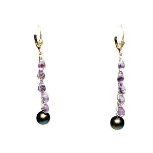 Amethyst Drop Dangle Earrings with Black Pearl Accents for Women